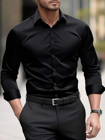 男士时尚休闲商务通勤立领纯色纽扣长袖衬衫，男士正装修身衬衫，适合日常穿着、办公室通勤、外出和聚会。可搭配西装裤或西装，适合派对、婚礼和蜜月等场合。可作为礼物送给儿子、丈夫、男朋友和父亲。秋季