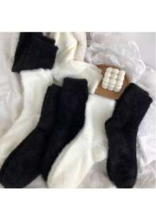 5 pares de calcetines de mujer de unicolor de terciopelo de visón, cálidos y suaves, aptos para uso en interiores/hogar, de longitud hasta el tobillo (Nota: la cantidad es por calcetín individual) Regalo de Navidad - Negro - Ver 3