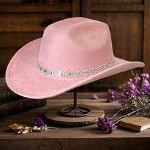 Rhinestone Western Cowgirl Hats Fashionable Elegant Wide Brim Fedora Caps For Women And Men - 粉色 - 查看 2