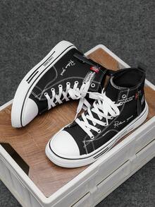 Men's Minimalist Fashion Flat Basic Black & Blue Triple Vulcanized High-Top Canvas Sneakers - Black - View 3