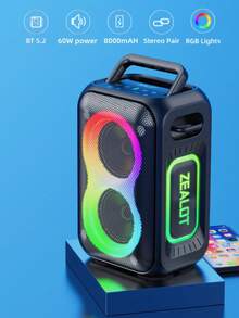 ZEALOT PT02 60W High-Power Wireless Speaker, Portable Outdoor Subwoofer With 1 Speaker, 8000mAh Battery, RGB Lights, Compatible With SD Card/USB/AUX, Supports Dual Speakers, Hands-Free Calling, Suitable For Outdoor Events, Home Parties, Beach Parties