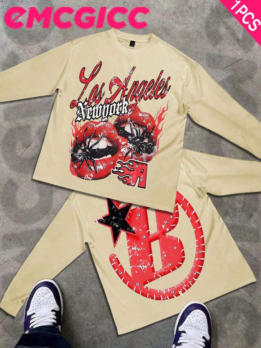 EMCGICC Street Life Men's Y2k Style (250 Cotton T-Shirt) Long Sleeve Shirt, Cotton Graphic T-Shirt, Men's Hip Hop Style - Long Sleeve T-Shirt, Fun Vintage Shirt, Regular Fit, Street Style, Halloween, Digital Print, Ideal Gift - 米色 - 查看 1