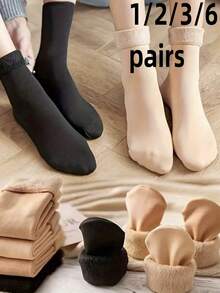 1/2/3/6 Pairs Of Plush Solid Color Socks - Warm Chunky Breathable Socks - Women's Stockings And Pantyhose - Multicolor - View 12