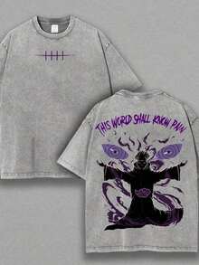 230G Retro Washed Cotton-Shirt, Anime Graphic Double-Sided Print "This World Shall Know Pain", Loose Fit Round Neck, Unisex Summer Streetwear, Holiday Casual Fashion New Arrival - 深灰色 - 查看 1