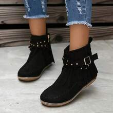 Women's Solid Color Ankle Boots 2025 Autumn Winter New European And American-Border Plus Size Station Studded Flat Tassel Boots Women