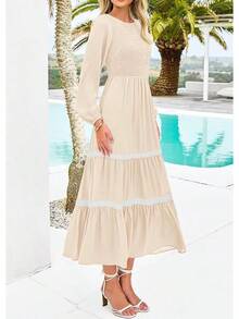 KIRUNDO Smocked Boho Tiered Lace Trim Flowy Maxi Dress Long Dresseshalloween - Màu be - Xem 6