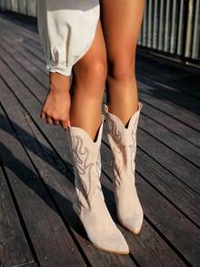 Women's Fashionable Rhinestone Flame Pattern Western Boots - Beige - View 3