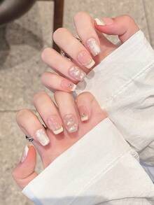 10pcs/Set Square Short Press-On Nails, Creamy Small French Press-On Nail Stickers With Pearlescent Embossed Texture, Heart Rhinestone Nails Gem Nail Accessories Removable DIY Gel Nail Set For Thanksgiving Holidays, Parties, Daily Wear Nail Art Supplies