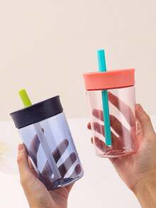 1pc 15oz Durable Plastic Straw Cup With Leak-Proof Design, Suitable For Children Travel And Home Use - Pink - View 3