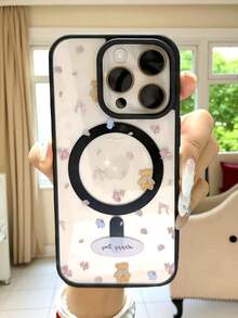 1 个透明黑色磁吸手机壳适用于 16/17 Pro Max，软边硬后盖适用于 15 Pro/13，可爱熊和蝴蝶设计便捷保护壳适用于 11/12/14、Galaxy S25/24 - 黑熊 - 查看 6