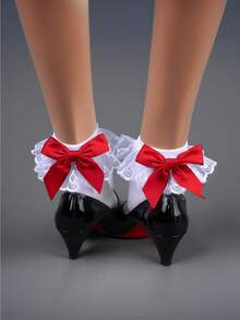 1 Pair Spring, Summer & Autumn Lace Bow Decor Low Cut Socks, Short Socks, Velvet Medium Thick Short Socks For Women, Casual Daily & School Commute Outfits, Halloween & Christmas Festive Outfits