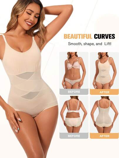 Damen Shapewear Jumpsuit mit doppelter Mesh-Lage, mit Büstenstütze, Drei-Reihen-Hakenverschluss Design für einfaches An- und Ausziehen, kann als Oberbekleidung getragen werden