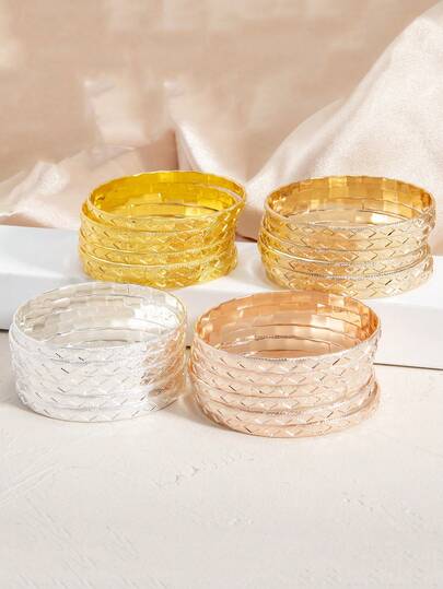 6pcs Girl's Unique Geometric Metal Carved Bracelet Set, Fashionable And Versatile