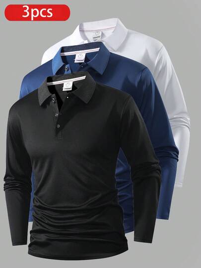 3件套男友风男士轻便透气跑步健身休闲纯色长袖Polo衫，春秋夏季