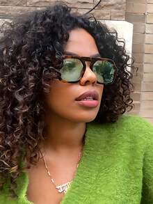 1pc Unisex Tortoise Shell Color Square Frame Double Bridge Pilot Style Fashion Glasses For Vacation Boho Shades Beach Accessories Beach Accessories For Women Glasses Shades Basics Fall Winter Women Outfits Clothes Business Casual Gifts Leopard For Summer Beach Vacation,Outdoor,Travel - 綠色 - 查看 2