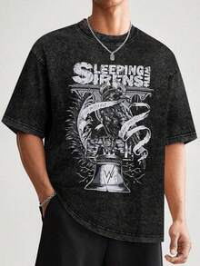 EWH Retro Rock Sleeping With Sirens Print, Men's Washed Short Sleeved T-Shirt, Vintage Style Loose Fit Distressed TopDG004 - màu đen - Xem 2