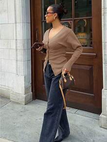 For Love & Bella Women's Sexy & Elegant Deep V-Neck Solid Brown Knit Cardigan, Fitted Minimalist Button Front Knit Sweater, Autumn/Winter - Khaki - View 3