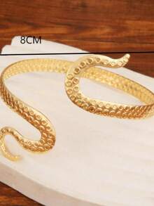 1pc European And American Style Fashionable Personalized Snake-Shaped Armlet Bracelet For Women, Adjustable Metallic Serpentine Twisted Cuff Jewelry - Yellow Gold - View 3