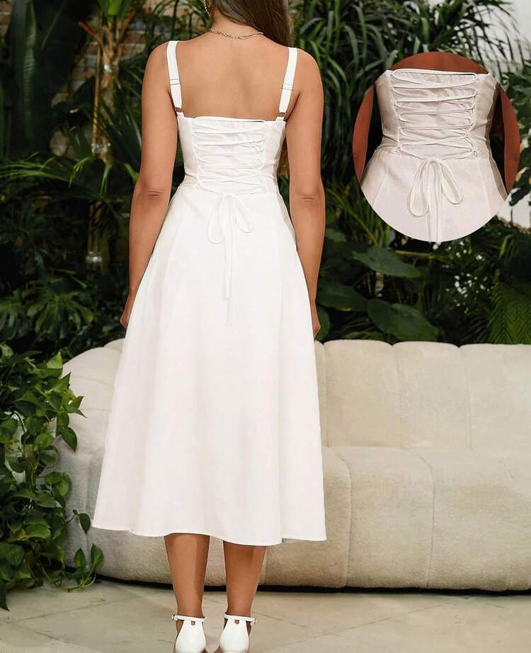 Floral Midi Corset Dress Wedding Guest Flowy Slit Lace Up Dresses Women Tea Party A Line Casual Sundress - Solid Red - View 7