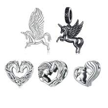 WOSTU 1 Pc Solid 925 Sterling Silver Lovely Girl & Cat Horse Celtic Knot Charm Unicorn Heart Pendant Fit DIY Bracelet Necklace Heart Jewelry Series