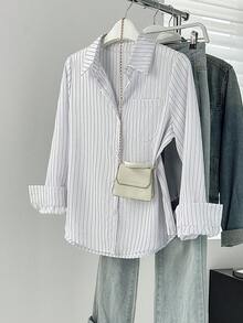 Women's Long Sleeve Striped Shirt, Pointed Collar Design, Button Front, Lightweight Versatile Top, Suitable For All Seasons, Slim Fit, Premium Fabric, Fashionable