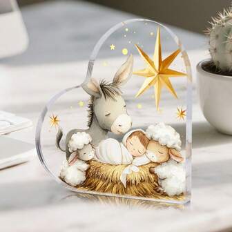 1 pieza Cartel del pesebre de la Natividad, placa acrílica de nueve lados con Jesús, burro y ovejas, regalos cristianos para mujeres de fe, decoración de habitación, decoración de escritorio, ornamento decorativo de mesa, ideal para decoración navideña invernal de la noche del nacimiento de Jesús