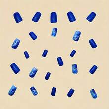 24 Pieces/Box Medium And Short Square Wearing Armor Blue Corrugated Smudged Gold Striped Fake Nail Piece - 1535 - Xem 2