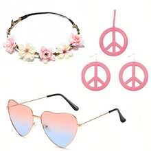 5pcs/Set Hippie Style Accessories Set: Peace Sign Necklace, Daisy Earrings, Flower Headband, Sunglasses, 60s Fashion Halloween - Blue - View 26