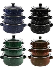 3pcs Multifunctional Enamel Pot Set, Thick Non-Stick Pot Set, Fashionable Multi-Color Enamel Pot Combination, 16cm/18cm/20cm Large Capacity, Comes With 2 Cleaning Sponges, Suitable For Gas Stove And Induction Cooktop, Ideal For Home Kitchen, Camping, Gathering