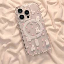 Teléfono: Un lindo teléfono acrílico transparente rosa con diseño de caricatura, con carga inalámbrica, compatible con phone 16 Pro/15/14 Plus/13/12/11, con soporte magnético. - Blanco - Ver 7