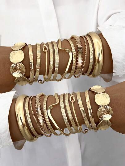 5 件/12 件套装复古优雅简约女士空心扭曲弹性圆形金属手镯套装，适合日常、派对佩戴，百搭，可堆叠，2025 年新款金手镯