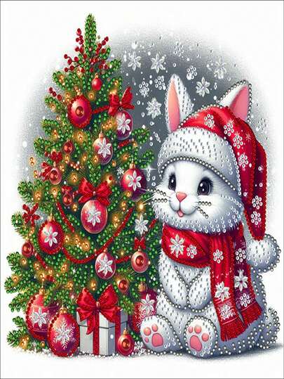 1pc Christmas Theme Crystal Diamond Mosaic Handmade Kit, Beginner Friendly 5D DIY Cute Rabbit & Christmas Tree Diamond Painting, Bedroom, Office, Living Room Wall Art Decor, Size: 11.81*11.81 Inches