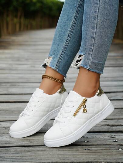 Women's Soft Sole Casual Sneakers, Versatile Bread Shoes, Student Shoes, Unique Personalized Flat Shoes. Women's Outdoor Casual Canvas Shoes, Comfortable Versatile Rhombus Pattern Lace-Up Side Zipper Flat Shoes