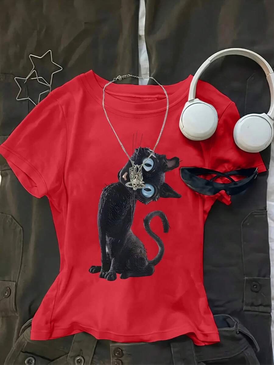 Women's Caroline Theme Printed T-Shirt - Blue Eyed Cat Pattern Top, Regular Fit, Machine Washable, All Season Fabric - Red - View 1