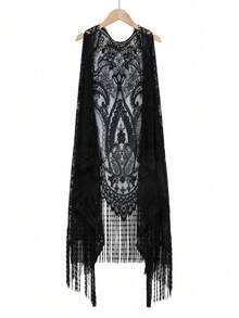 1pc Lightweight Hollow Lace Vest Cardigan For Women, Sleeveless Mid-Length Beach Cover Up, Black