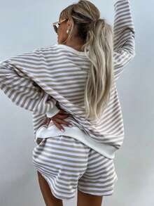 Pajamas Set Women's Striped Print Color Patchwork Thread Cuff V-Neck Home Wear Casual Set