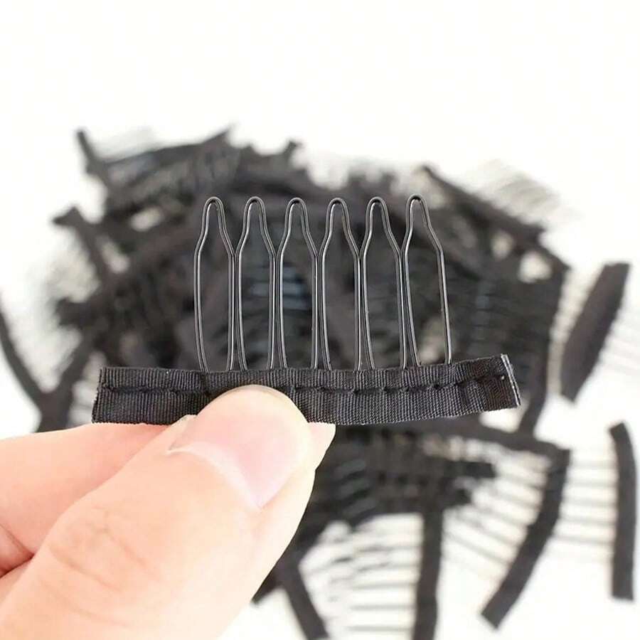 10/20/50个装假发梳,用于固定假发,6齿假发梳,带布质假发夹,可用于制作假发帽,钢质发夹梳 - 黑色 - 查看 1