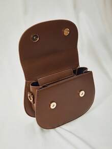 Letter Graphic Saddle Bag, Fashion Solid Color Crossbody Bag, Small Flap Purse For Women Winter Gifts - Coffee Brown - View 6