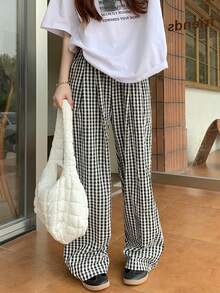 Plaid Clash Drapeado Mujeres Verano de talle alto de pierna recta Arrastre Pantalones Pantalones Largos Pantalones casuales de corte recto y corte holgado con rayas de colores lisos Pantalones de Mujer - Negro - Ver 3