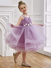 女童无袖3D立体花朵紫色网纱优雅公主裙，适合女孩生日派对、宴会、晚宴、婚礼花童等场合。 - 紫色 - 查看 2