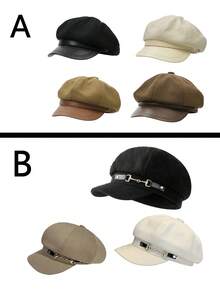 1pc Retro Octagonal Cap, Fabric With Leather Brim, Korean Style, Versatile, Fits Large Head Circumference, Japanese Painter Cap