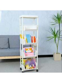 5-Tier Rolling Storage Cart With Lockable Wheels – Plastic Organizer Shelf For Kitchen, Bathroom, Dorm, Office – White Utility Rack - 白色 - 查看 5