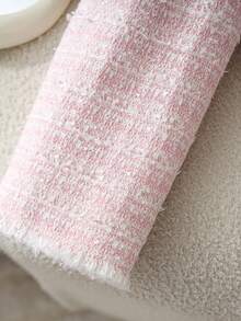 女士优雅通勤粗花呢夹克，带花卉图案和前扣，秋冬 - 粉色 - 查看 8