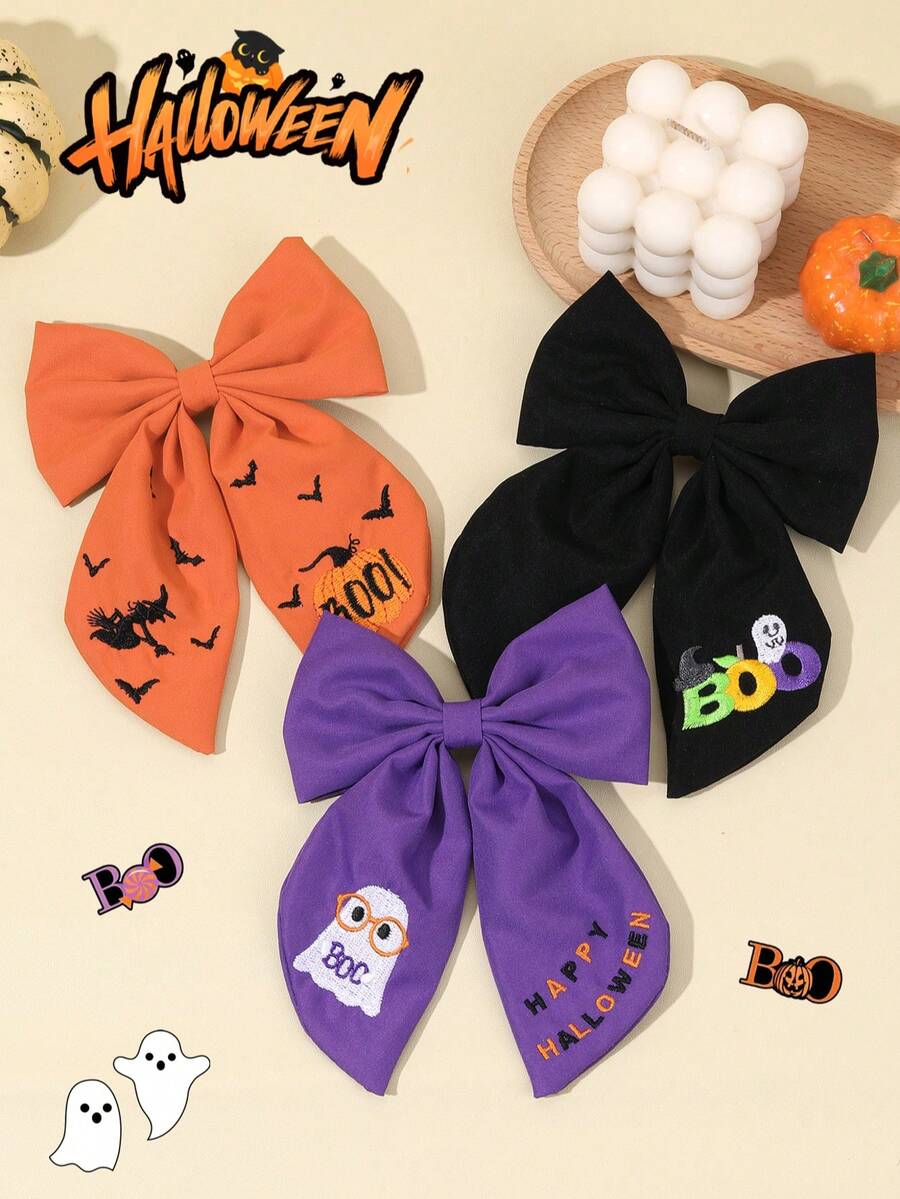 1pc Halloween Hair Bows For Women Girls Bat Pumpkin Ghost Boo Embroidered Bow Alligator Clips Orange Black Purple Embroider Fabric Bow Hair Clips Cute Funny Bow Barrettes Halloween Cosplay Dress Up Party Bow Hairpins Women Hair Accessories, Claw Clips, Hair Claws, Hair Slide, Hair Barrettes