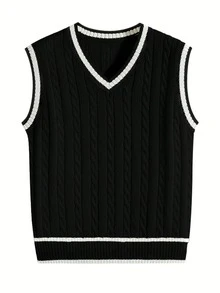 Áo vest dệt kim sọc tương phản đa năng thường ngày dành cho nam - màu đen - Xem 2