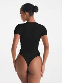 XLLAIS Women's Fashionable Zip Collar Solid Color Tight Fit T-Shirt, Stretchy Short Sleeve Casual Sports Top, Back To School Season - Black - View 2