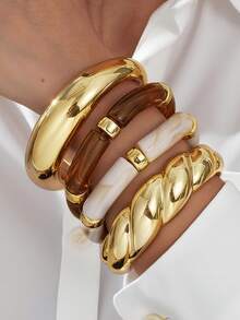 4pcs Vintage Minimalist Elegant Resin Acrylic Brown Elastic Bracelet & Bangle Set, Gold Stripe Smooth Open Cuff, Suitable For Women Everyday Wear, Holiday Gift, Stackable, 2025 New Arrival - Gold - View 15