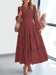 Women Fall Maxi Dresses Long Sleeve High Waist Tiered Flowy A-Line Boho Bohemian Long Dress Beach Holiday Vacation Wedding Guest Valentine Outfit - 紅棕色 - 查看 1