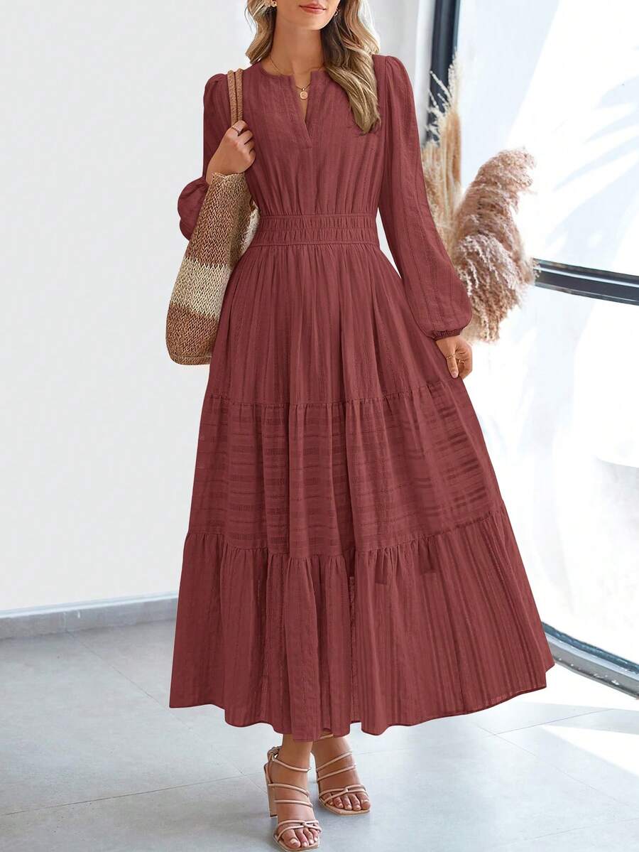 Women Fall Maxi Dresses Long Sleeve High Waist Tiered Flowy A-Line Boho Bohemian Long Dress Beach Holiday Vacation Wedding Guest Valentine Outfit - 紅棕色 - 查看 1