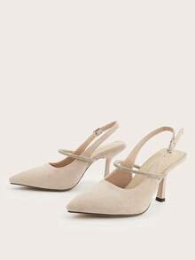 Almond Faux Suede Rhinestone Decor Stiletto Heel Slingback Pumps, Versatile For Daily Wear, Banquet, Party, Fashion Women High Heels, Rhinestone Color And Quantity Random - Apricot - View 3
